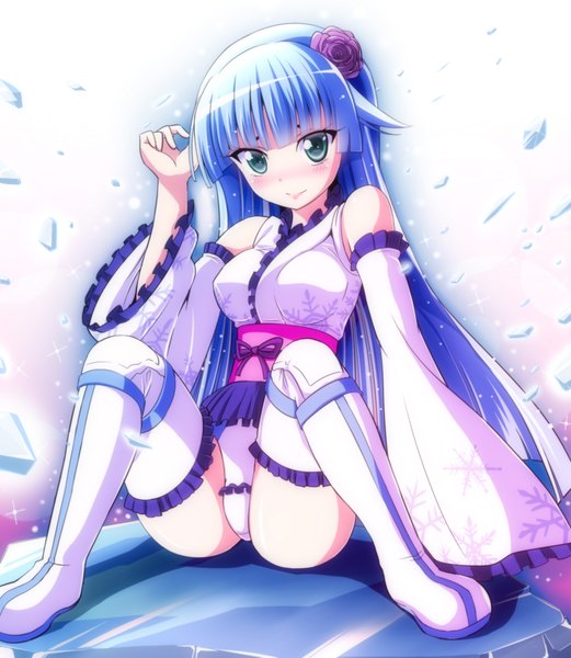 Anime picture 2000x2300 with ring dream yuki onna (ring dream) kayama kenji single long hair tall image looking at viewer blush highres blue eyes light erotic blue hair japanese clothes hair flower snowflake print girl thighhighs hair ornament detached sleeves white thighhighs