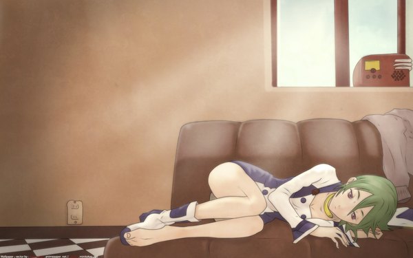 Anime picture 1920x1200 with eureka seven studio bones eureka single highres short hair wide image purple eyes lying barefoot green hair checkered floor girl dress window collar short dress couch room