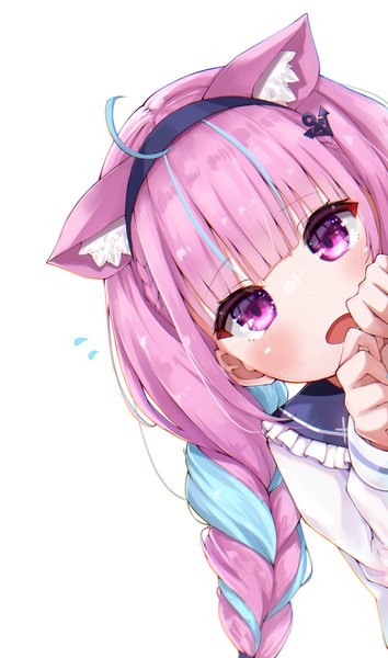 Anime picture 2122x3596 with virtual youtuber hololive minato aqua minato aqua (sailor) kohe billialot single long hair tall image looking at viewer blush fringe highres open mouth simple background white background purple eyes animal ears purple hair upper body ahoge