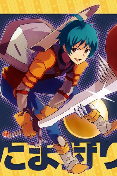 Anime picture 600x900 with ixion saga: dimension transfer brains base (studio) hokaze kon takerusilt single tall image looking at viewer short hair open mouth red eyes full body ahoge aqua hair leaning leaning forward boy gloves weapon sword sheath