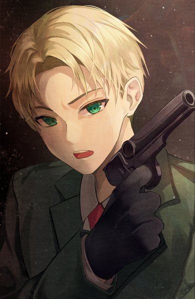Anime picture 2860x4367 with spy x family twilight (spy x family) gongha single tall image looking at viewer highres short hair open mouth simple background blonde hair holding green eyes upper body dark background boy gloves weapon black gloves gun