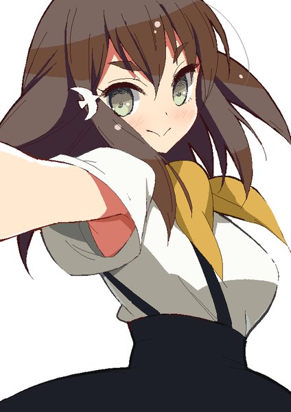 Anime picture 640x905 with gatchaman crowds tatsunoko ichinose hajime 9law single long hair tall image looking at viewer blush simple background smile brown hair white background grey eyes outstretched arm eyebrows :> girl uniform hair ornament