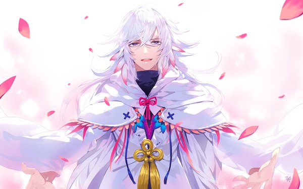 Anime picture 1067x667 with fate (series) fate/grand order merlin (fate) tooaya single long hair looking at viewer fringe open mouth hair between eyes standing purple eyes upper body white hair spread arms boy petals tassel