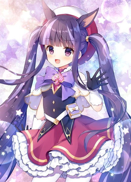 Anime picture 1000x1384 with princess connect! re:dive princess connect! kasumi (princess connect!) mauve single tall image looking at viewer blush fringe open mouth black hair purple eyes twintails animal ears payot blunt bangs very long hair :d multicolored hair two-tone hair