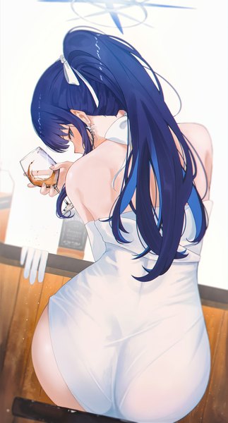 Anime-Bild 4516x8393 mit blue archive saori (blue archive) saori (dress) (blue archive) rega single long hair tall image looking at viewer blush fringe highres blue eyes light erotic sitting bare shoulders holding blue hair absurdres ass ponytail