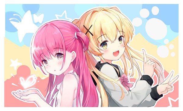 Anime picture 1045x634 with summer pockets key (studio) tsumugi wenders katou umi leilin long hair looking at viewer blush fringe open mouth blonde hair smile hair between eyes wide image bare shoulders brown eyes yellow eyes payot pink hair long sleeves