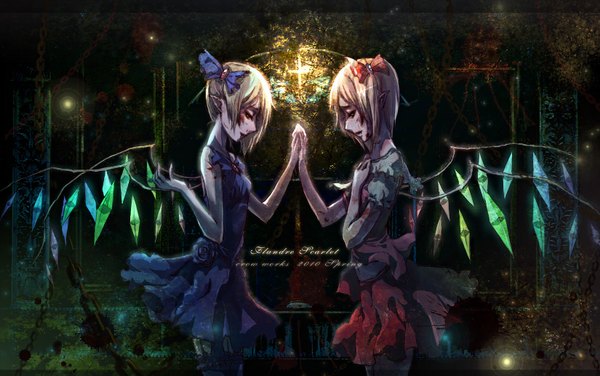 Anime picture 1650x1034 with touhou flandre scarlet crowdesu short hair blonde hair red eyes wide image pointy ears holding hands dual persona girl dress bow hair bow wings blood chain