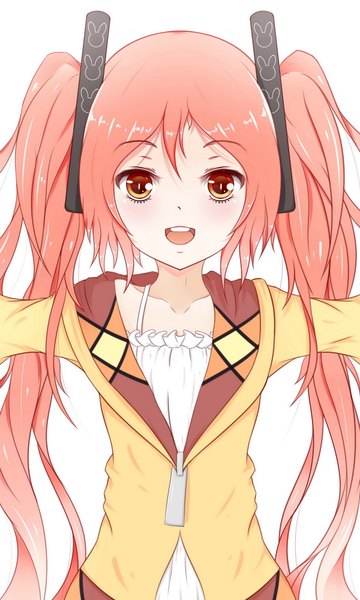 Anime picture 1200x2000 with black bullet kinema citrus aihara enju dusk/dawn single long hair tall image looking at viewer open mouth white background twintails pink hair orange eyes loli girl dress hair ornament