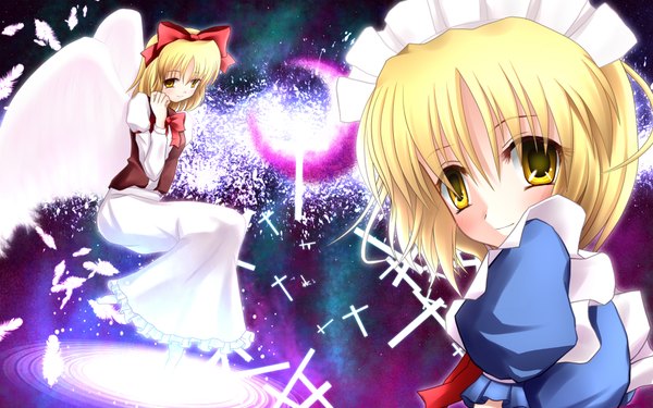 Anime picture 1920x1200 with touhou gengetsu mugetsu mille (dieci) blush highres short hair blonde hair smile wide image multiple girls yellow eyes maid angel wings crescent weightlessness ripples danmaku girl dress