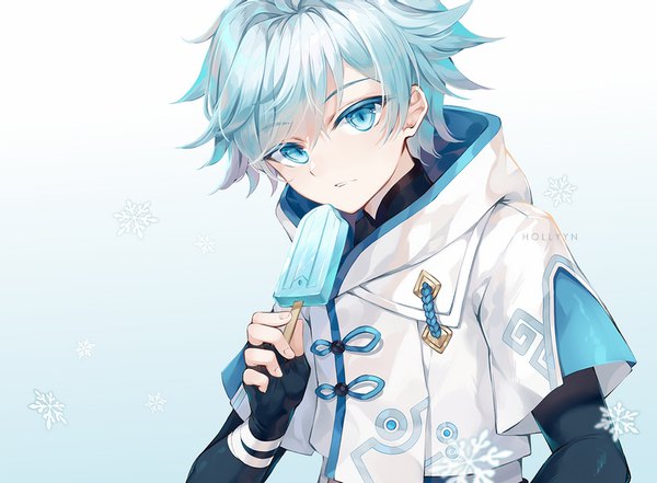 Anime picture 900x662 with genshin impact chongyun (genshin impact) hollyyn single fringe short hair blue eyes simple background hair between eyes signed blue hair upper body gradient background boy gloves food sweets fingerless gloves ice cream snowflake (snowflakes)