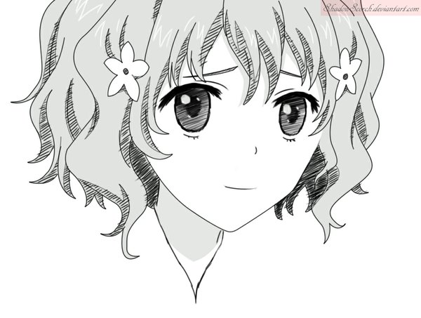 Anime picture 1016x768 with hanasaku iroha p.a. works matsumae ohana single looking at viewer short hair simple background white background hair flower light smile monochrome face girl hair ornament flower (flowers)