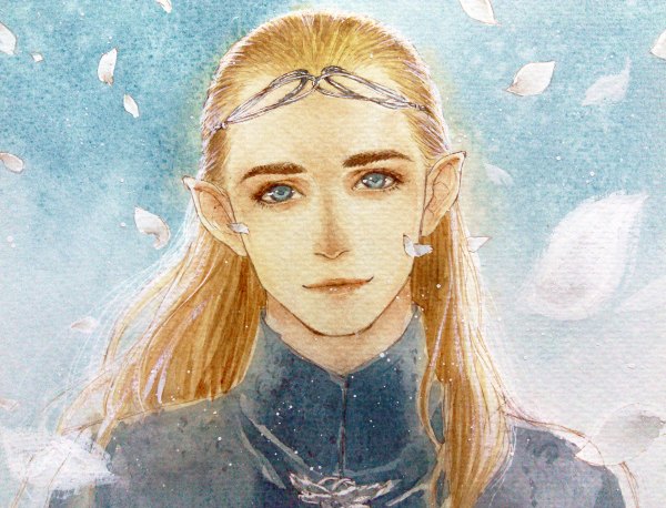 Anime picture 1200x916 with lord of the rings legolas yoku (liuyc) single long hair looking at viewer blue eyes blonde hair simple background pointy ears elf traditional media watercolor (medium) boy petals