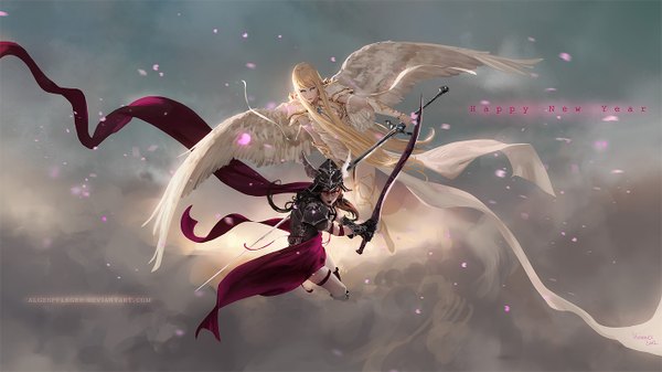 Anime picture 1400x787 with johannes voss long hair blonde hair brown hair wide image multiple girls signed inscription angel wings head wings face paint angel girl weapon 2 girls petals sword wings armor helmet
