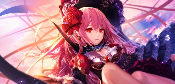 Anime picture 1235x597 with original jname single long hair looking at viewer red eyes wide image pink hair sky cloud (clouds) hair flower high heels flying fantasy girl dress hair ornament flower (flowers) ribbon (ribbons) hair ribbon