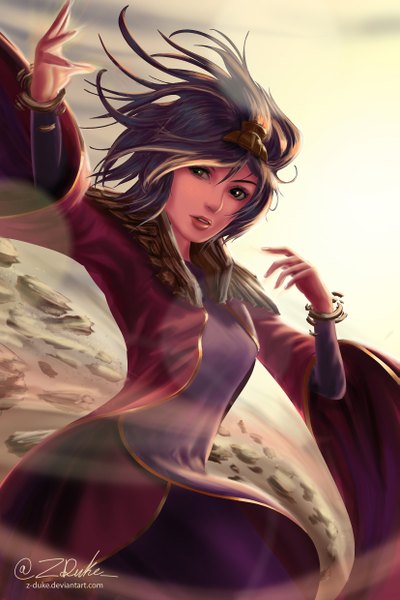 Anime picture 1654x2480 with league of legends taliyah (league of legends) z-duke single tall image short hair brown eyes signed looking away purple hair parted lips wind lipstick red lipstick freckles girl hair ornament bracelet stone (stones)
