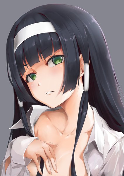 Anime picture 1131x1600 with bishoujo mangekyou (game) omega star renge (bishoujo mangekyou) bitterpain single long hair tall image looking at viewer blush fringe light erotic black hair simple background green eyes payot upper body blunt bangs long sleeves parted lips head tilt