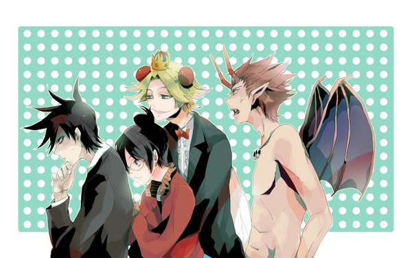 Anime picture 1500x944 with yondemasu yo, azazel-san production i.g beelzebub (yondemasu yo, azazel-san) akutabe sakuma rinko azazel nichinatsu short hair black hair blonde hair green eyes profile horn (horns) pointy ears topless group alternate hairstyle polka dot demon wings polka dot background