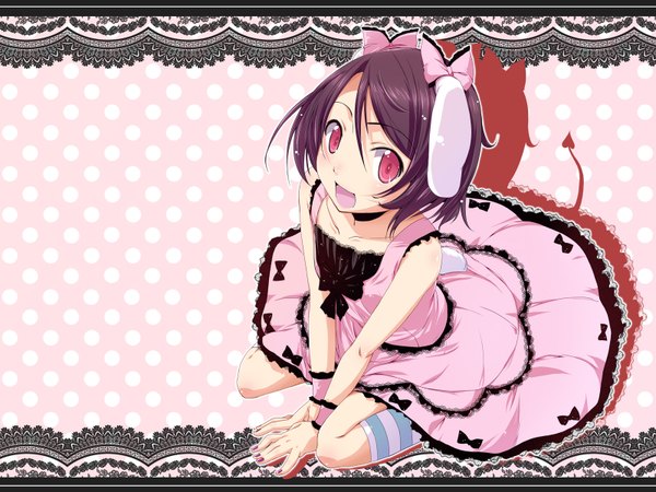 Anime picture 1600x1200 with touhou inaba tewi natsumi akira pink background polka dot polka dot background girl dress