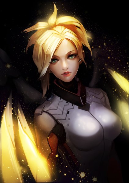 Anime picture 2466x3508 with overwatch blizzard entertainment mercy (overwatch) zzoggomini single tall image highres short hair blonde hair green eyes looking away upper body ponytail lipstick black background red lipstick mechanical wings girl wings bodysuit
