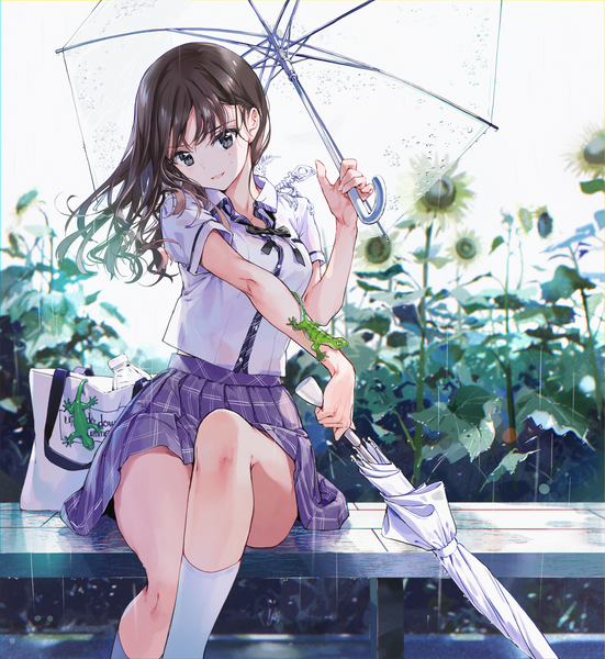 Anime picture 1487x1620 with original tiv single long hair tall image looking at viewer blush fringe breasts open mouth brown hair sitting holding bent knee (knees) head tilt pleated skirt black eyes scan mole short sleeves