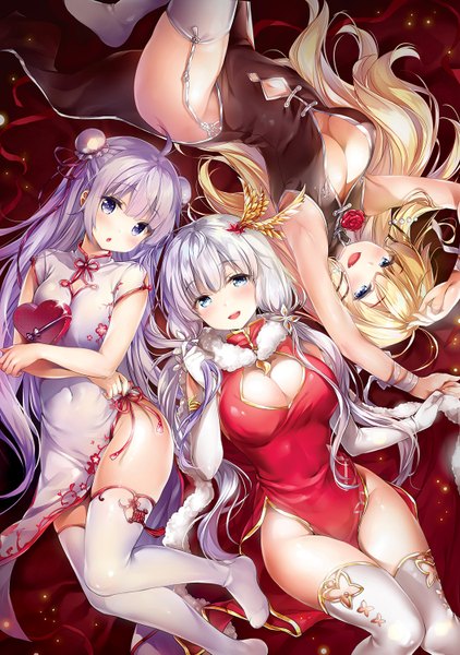 Anime picture 1054x1500 with azur lane illustrious (azur lane) unicorn (azur lane) victorious (azur lane) unicorn (spring's present) (azur lane) chiyingzai long hair tall image blush fringe breasts open mouth blue eyes light erotic blonde hair smile hair between eyes large breasts purple eyes twintails