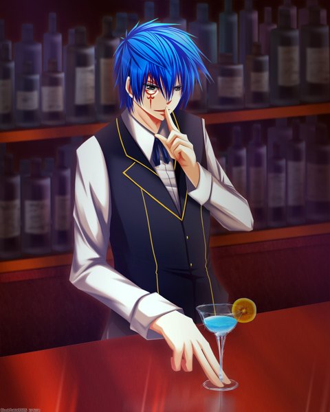 Anime picture 1200x1500 with fairy tail jellal fernandes blackrabbit0626 single tall image short hair smile blue hair grey eyes tattoo finger to mouth boy suit bottle drink cocktail glass cocktail