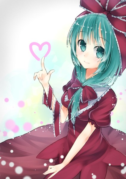 Anime picture 1191x1684 with touhou kagiyama hina tika (mika4975) single long hair tall image looking at viewer blush smile green eyes green hair from above girl dress bow hair bow heart red dress