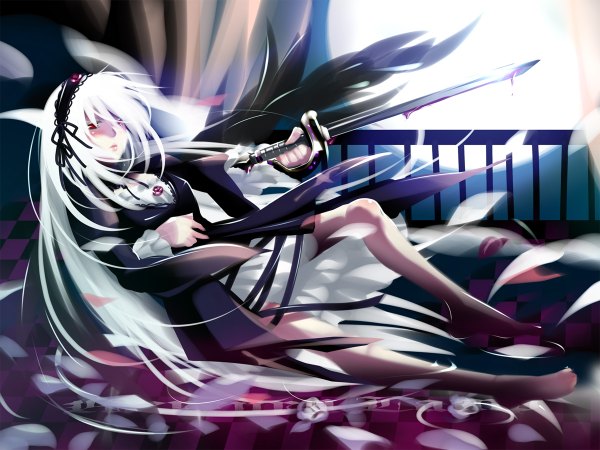 Anime picture 1200x900 with rozen maiden suigintou caffein single white hair very long hair night girl weapon sword moon blood full moon lolita hairband tagme