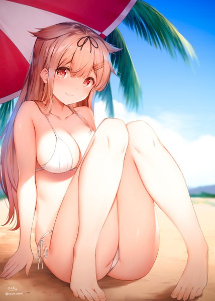 Anime-Bild 1786x2505 mit kantai collection yuudachi destroyer nyum single long hair tall image looking at viewer blush fringe highres breasts light erotic blonde hair smile hair between eyes red eyes large breasts sitting signed sky