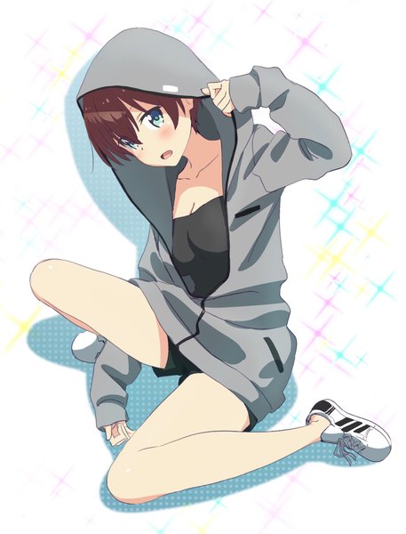 Anime picture 1560x2047 with new game! doga kobo shinoda hajime pink x single tall image looking at viewer fringe short hair breasts open mouth blue eyes hair between eyes brown hair white background cleavage full body long sleeves sleeves past wrists girl
