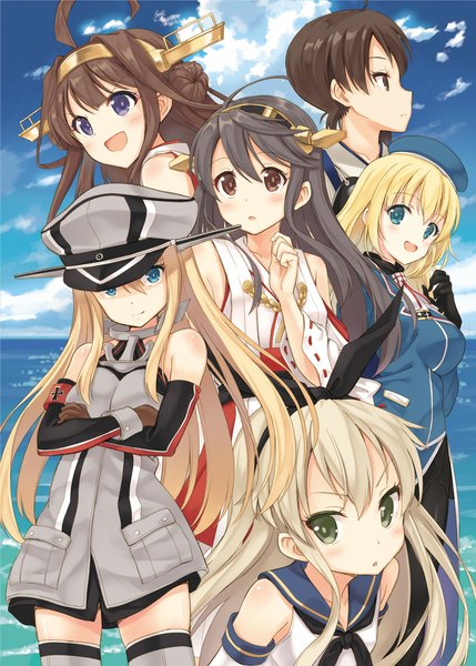 Anime picture 800x1119 with kantai collection shimakaze destroyer kongou battleship haruna battleship atago heavy cruiser kaga aircraft carrier bismarck battleship hyuuga azuri long hair tall image blush short hair blue eyes black hair blonde hair brown hair multiple girls brown eyes cloud (clouds) ahoge