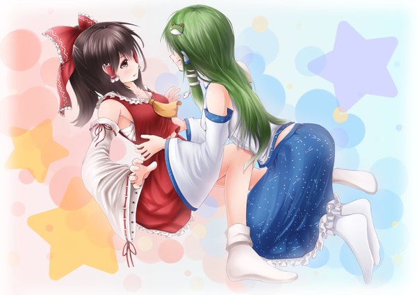 Anime picture 1800x1273 with touhou hakurei reimu kochiya sanae half-moon long hair blush highres black hair bare shoulders multiple girls brown eyes green hair shoujo ai girl dress skirt hair ornament bow 2 girls hair bow