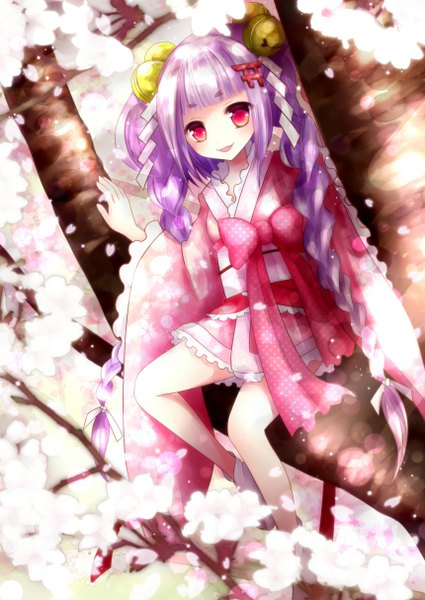 Anime picture 860x1214 with original kuroki mashiro single tall image looking at viewer blush fringe open mouth smile sitting purple hair braid (braids) very long hair pink eyes twin braids cherry blossoms girl hair ornament plant (plants) petals