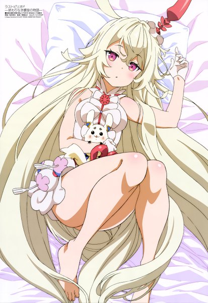 Anime picture 4084x5925 with last period megami magazine choko (last period) sakamoto tetsuya single tall image looking at viewer blush fringe highres light erotic hair between eyes absurdres white hair lying very long hair pink eyes official art bare legs convenient leg