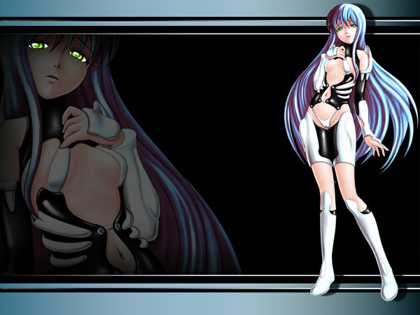 Anime picture 1024x768 with evilflesh (artist) single long hair looking at viewer light erotic green eyes blue hair hand on chest cameltoe girl navel underwear panties suit