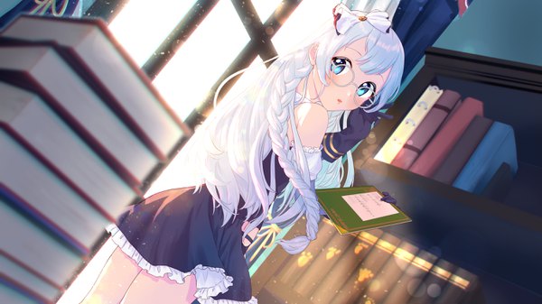 Anime picture 2756x1550 with azur lane edinburgh (azur lane) edinburgh (fairy of the library) (azur lane) kumonon (8f2k3) single long hair looking at viewer fringe highres open mouth blue eyes wide image standing bare shoulders silver hair indoors braid (braids) looking back blurry dutch angle