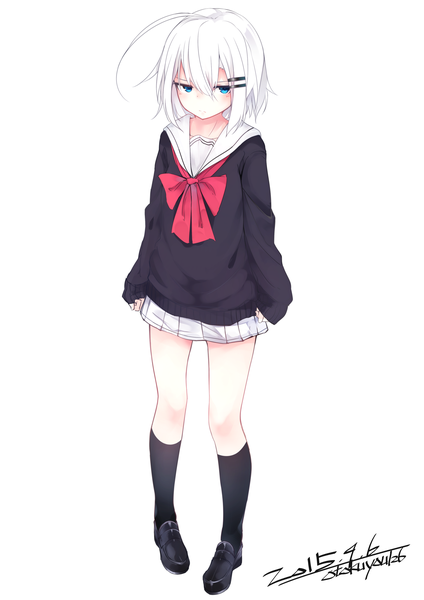 Anime picture 2480x3507 with original ringo-chan (otokuyou) otokuyou single tall image looking at viewer fringe highres short hair blue eyes simple background hair between eyes white background signed ahoge white hair long sleeves pleated skirt dated sleeves past wrists
