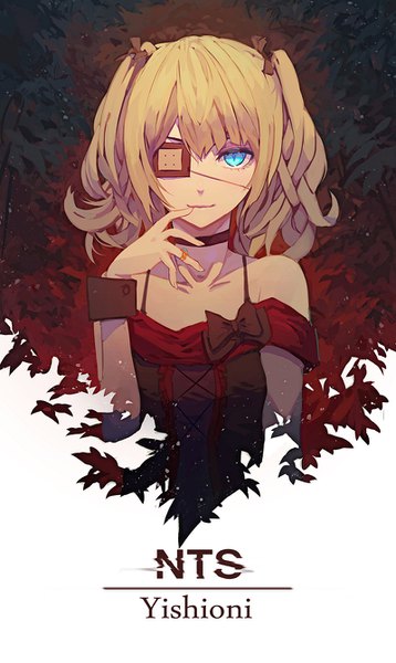 Anime picture 800x1341 with original kuroduki (pieat) single tall image looking at viewer fringe short hair blue eyes blonde hair twintails bare shoulders signed upper body finger to mouth short twintails girl choker wrist cuffs ring eyepatch