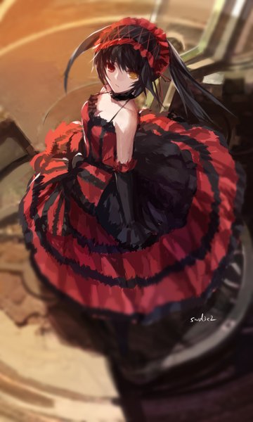 Anime picture 1133x1889 with date a live tokisaki kurumi swd3e2 single long hair tall image looking at viewer fringe black hair red eyes standing bare shoulders yellow eyes from above heterochromia girl dress gloves black gloves elbow gloves