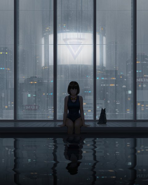 Anime picture 3277x4096 with original guweiz single tall image fringe highres short hair black hair sitting absurdres full body bent knee (knees) indoors blunt bangs eyes closed night arm support night sky city reflection