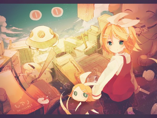 Anime picture 1200x900 with vocaloid rare no (vocaloid) kagamine rin miwasiba single looking at viewer blush short hair blonde hair smile green eyes sky cloud (clouds) looking back girl hair ornament bow hair bow hairclip toy