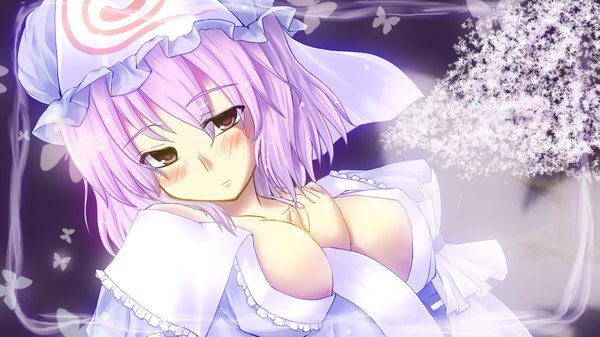 Anime picture 1920x1080 with touhou saigyouji yuyuko ounen (artist) blush highres short hair breasts light erotic wide image large breasts brown eyes purple hair girl hat