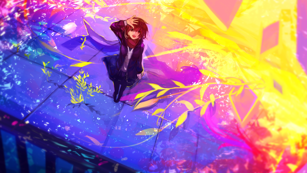 Anime-Bild 1771x1000 mit original tarbo (exxxpiation) single looking at viewer fringe highres short hair open mouth red eyes brown hair wide image standing full body from above shadow hand on head surreal colorful girl uniform