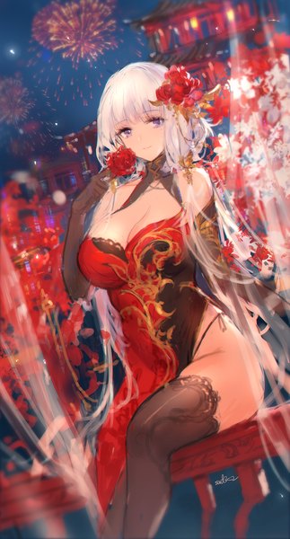 Anime picture 1034x1919 with azur lane belfast (azur lane) swd3e2 single long hair tall image looking at viewer fringe breasts light erotic smile large breasts sitting purple eyes twintails signed cleavage silver hair bent knee (knees) outdoors