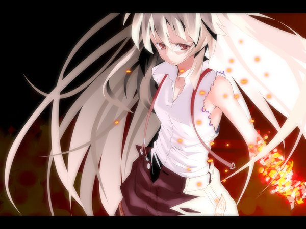 Anime picture 1024x768 with touhou fujiwara no mokou kasuga ayumu (haruhipo) long hair silver hair girl ribbon (ribbons) fire