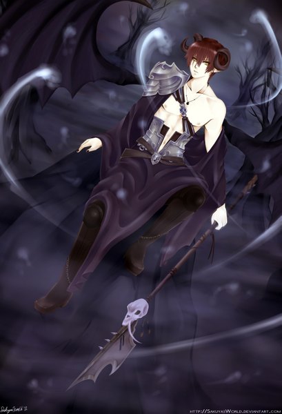 Anime picture 1950x2859 with original sakiya (sakuya) single tall image highres short hair sitting signed yellow eyes red hair nail polish horn (horns) night piercing topless bat wings rock demon boy weapon