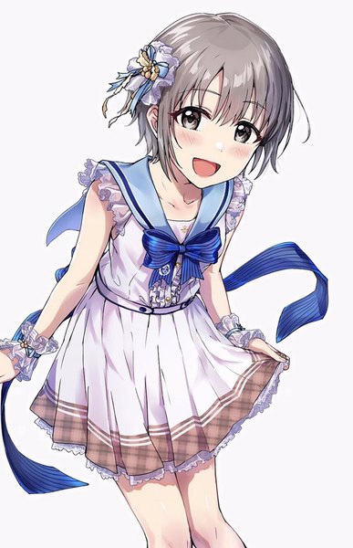 Anime picture 700x1085 with idolmaster idolmaster cinderella girls idolmaster cinderella girls starlight stage otokura yuuki ayano yuu (sonma 1426) single tall image looking at viewer blush short hair open mouth simple background white background grey hair grey eyes leaning leaning forward frilled dress sailor collar come with me!