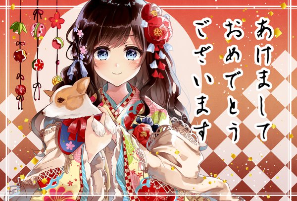 Anime-Bild 2039x1378 mit original kisaragi yuri single long hair looking at viewer fringe highres blue eyes smile brown hair upper body traditional clothes japanese clothes framed new year happy new year akeome girl dress hair ornament