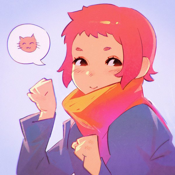 Anime picture 1080x1080 with original ilya kuvshinov single looking at viewer blush short hair simple background smile brown eyes upper body red hair turning head purple background paw pose cute :> girl animal scarf cat