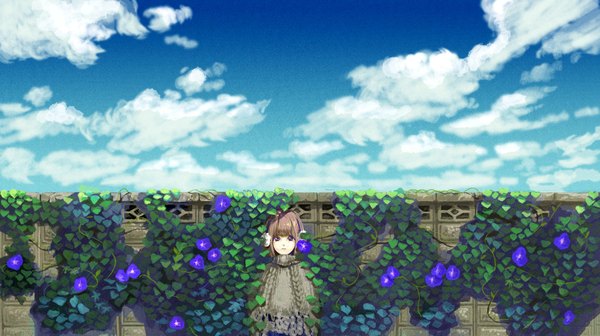 Anime picture 1498x841 with original yukawa (artist) brown hair wide image purple eyes sky cloud (clouds) girl flower (flowers) plant (plants) wall earmuffs